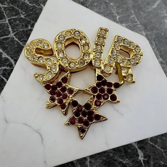 Rare Vintage Yves Saint Laurent Gold Brooch with SOIR with crystals